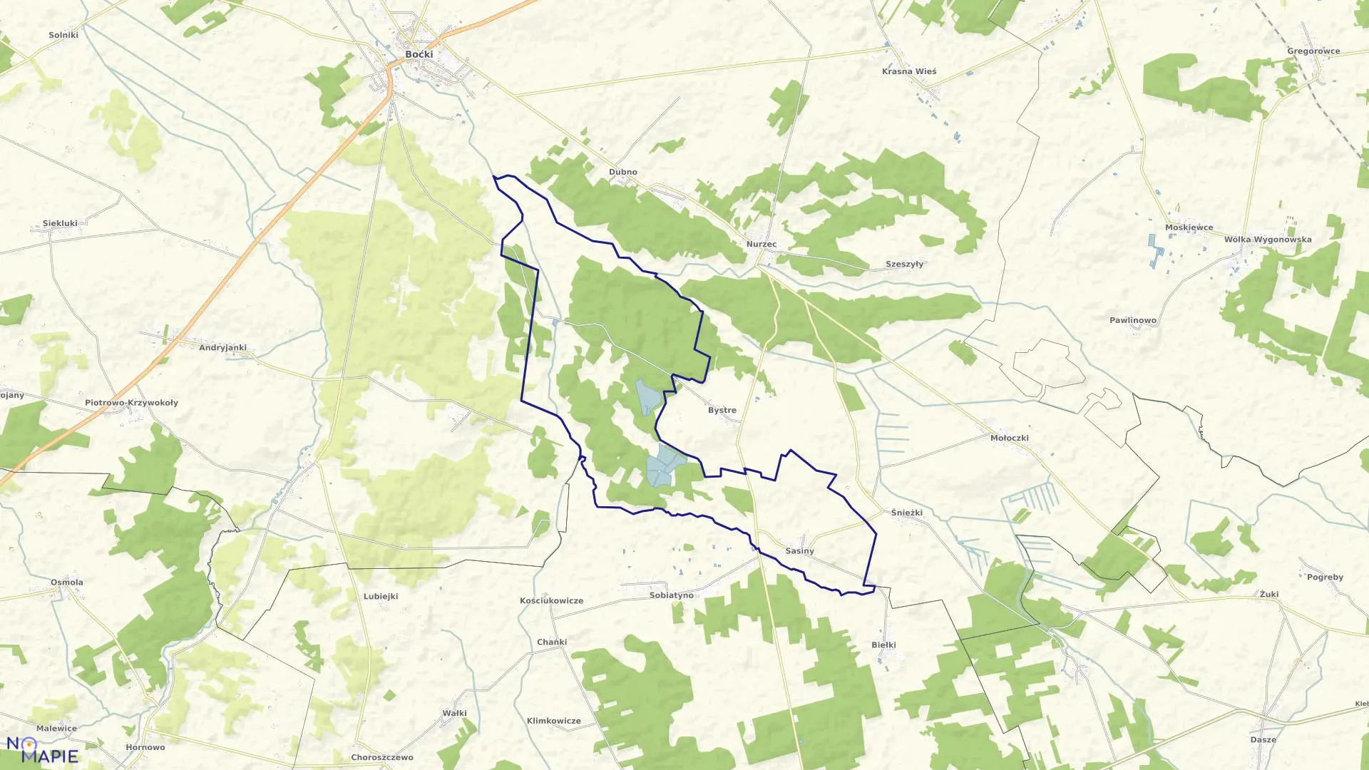 Mapa obrębu SASINY w gminie Boćki